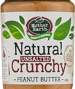 Mother Earth Natural Unsalted Crunchy Peanut Butter, 380g – No Added Sugar, Vegan, High Protein