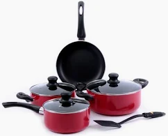 Royalford Cookware Set, 8 Pieces, Red, RF6082 Scratch Resistant, Tempered Glass Lids, 2.5MM Body Thickness, Bakelite